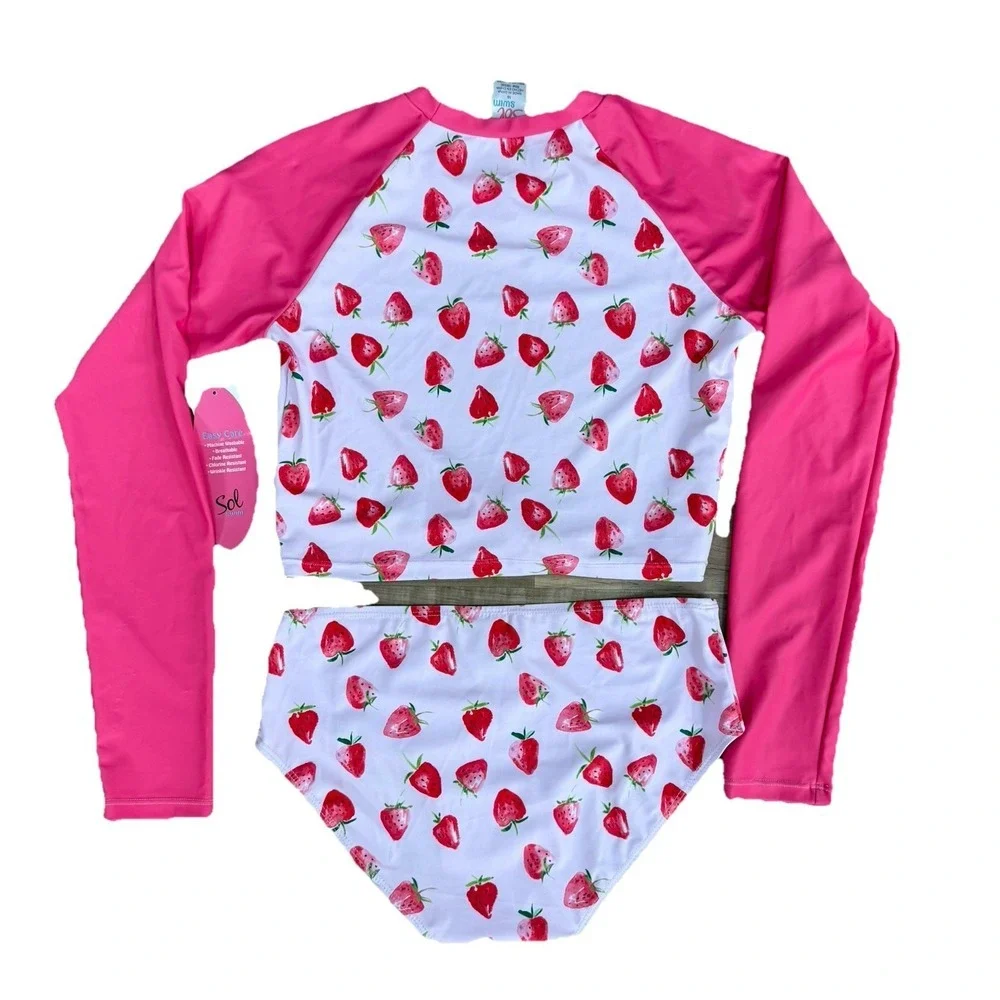 NWT Sol Swimsuit 2 Pc Rash Guard Set Girls Size 16 Top 14 Bottom Pink Strawberry
